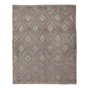 Turkish Vintage Embroidered Kilim Rug With Multi Layered Diamond Design 7'6 X 10'0