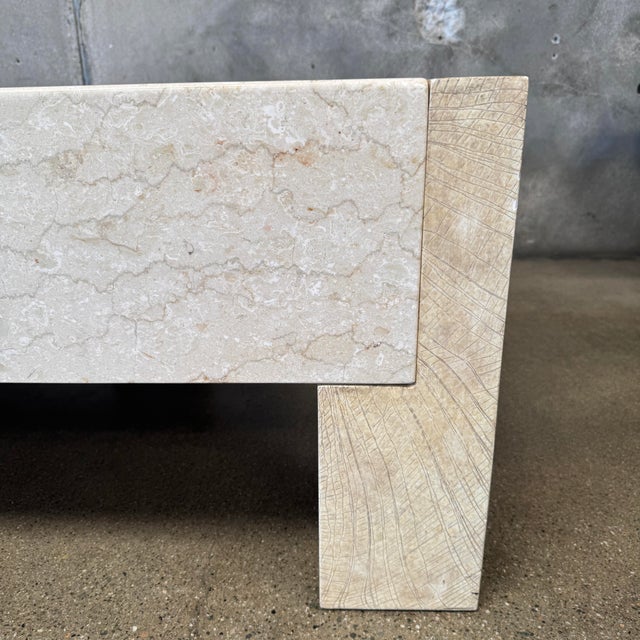 Vintage Post Modern Half Moon Beige Wood & Travertine Coffee Table For Sale - Image 10 of 12