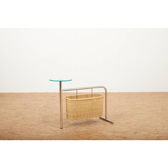 Magazine Rack Potto Frame in Chrome-Plated Tubular Steel, Woven Basket and Round Glass Shelf by Andrea Branzi for Zanotta,...