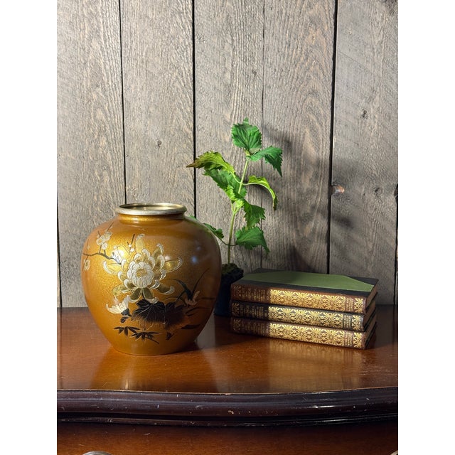 Gold Mid 20th Century Japanese Mixed Metal Floral Vase, Gold Aventurine Ground, Signed, 8” For Sale - Image 8 of 12