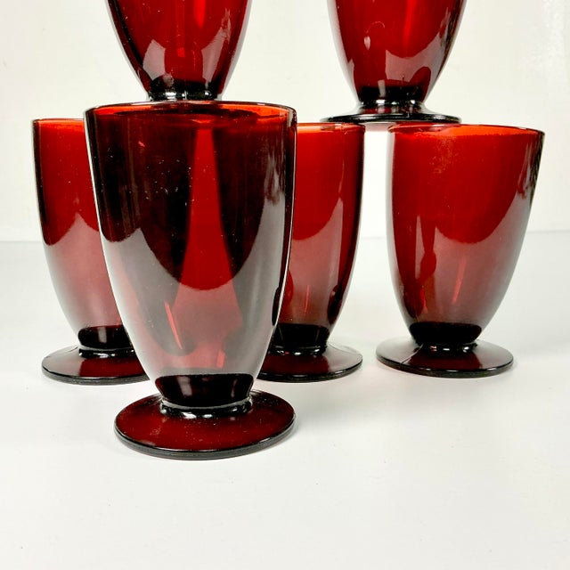 1920s 1920s Antique Art Deco Boho Chic Hollywood Regency Ruby Red Footed Tumbler Glasses - Set of 6 For Sale - Image 5 of 11