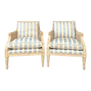 Caned Bergeres With Silk Fleur De Lys Fabric With Down Cushions - a Pair For Sale