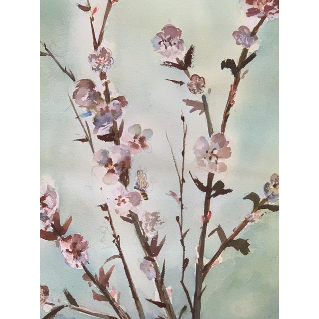 1950s Vintage Asian Chinoiserie Cherry Blossom Watercolor Painting For Sale - Image 5 of 11