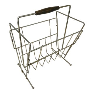 Mid-Century Modern Brass Magazine Rack With Wooden Accent Handle For Sale