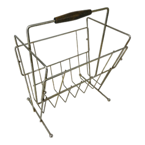 Mid-Century Modern Brass Magazine Rack With Wooden Accent Handle