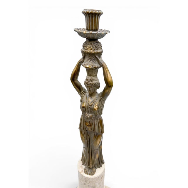 Mid 20th Century Pair of 24-Inch Neoclassical Bronze Caryatid and Limestone Candlesticks For Sale - Image 10 of 12