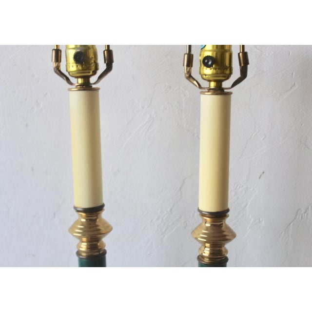 1980s Vintage Tall Stiffel Style Brass Teal Candlestick Column Table Lamps Hollywood Regency- a Pair For Sale - Image 5 of 10