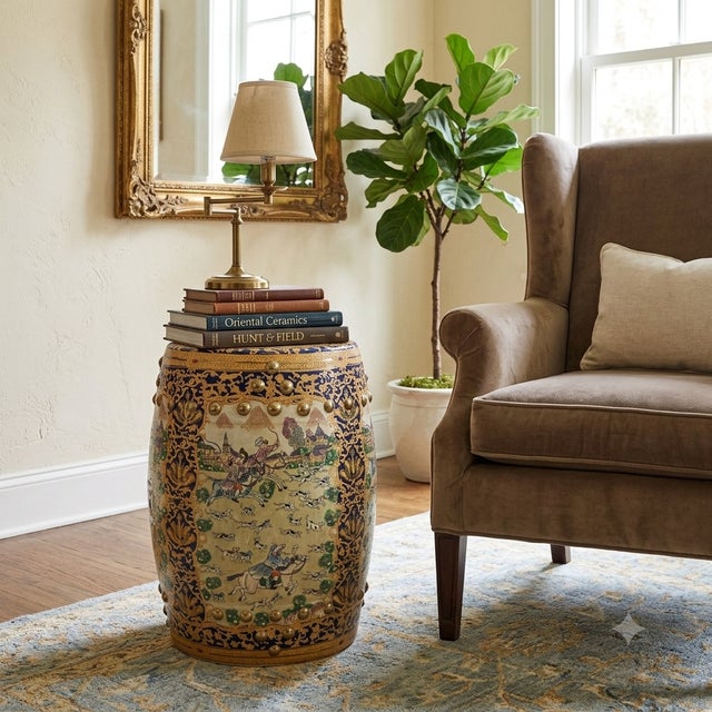 Vintage Oriental Chinoiserie Western Graphic Porcelain Stool Table Ottoman For Sale - Image 9 of 9