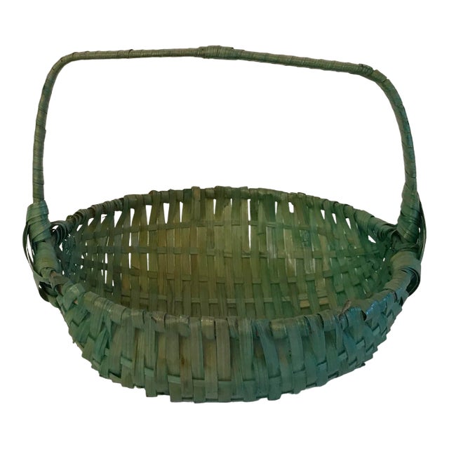 Vintage Asian Woven Green Basket With Handle For Sale