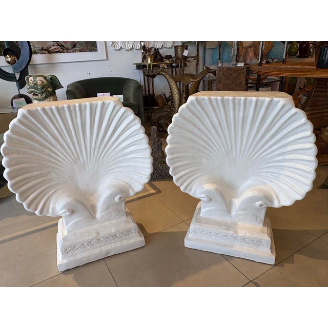 Vtg. Pair Palm Beach Coastal Concrete Scalloped Shell Seashell White Dining Table Bases For Sale - Image 9 of 12