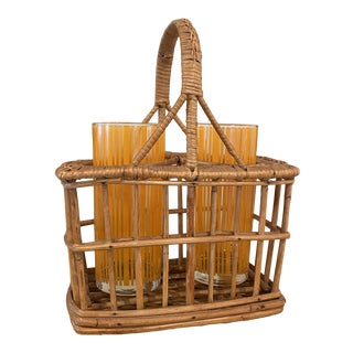 1970s Vintage Wicker Rattan Wine Basket Tote For Sale