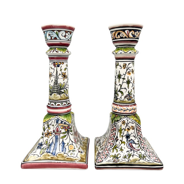 Pair of Hand-Painted Portuguese Faience Candlesticks by C. Melo With Birds, Dog, Castle & Deer – Folk Art / European Traditional For Sale - Image 11 of 18