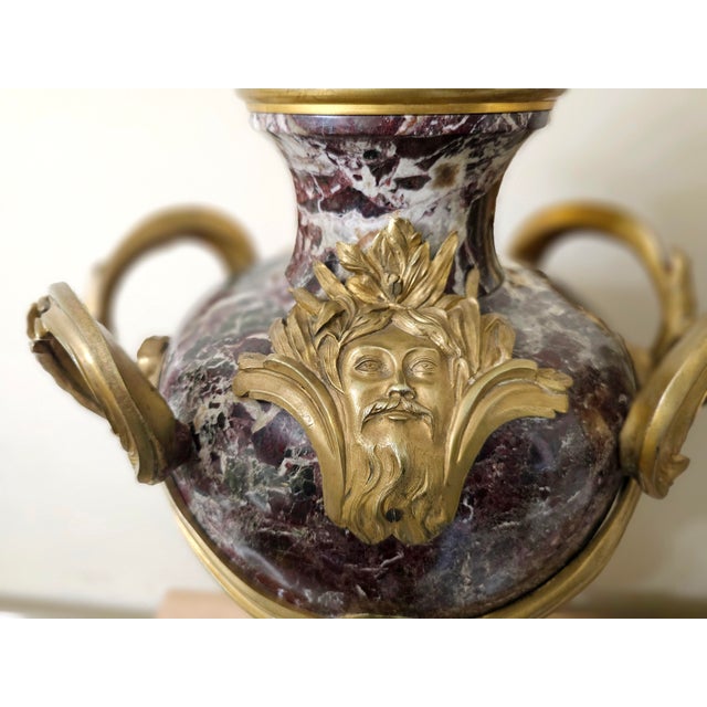 Pair Early 20th C. Louis XVI Style Mottled Lavender Marble and Gilt Bronze Ormolu Covered Urns For Sale - Image 9 of 13