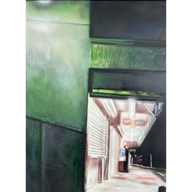 Mauricio Rodriguez Urban Nightlights Street Scene Oil Painting, 1999 Offered for sale is an oil painting of an ethereal...