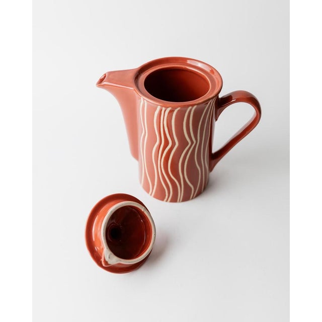 Mid-Century Striped Rust Orange Ceramic Teapot with Lid and Creamer, 1970s For Sale - Image 3 of 12