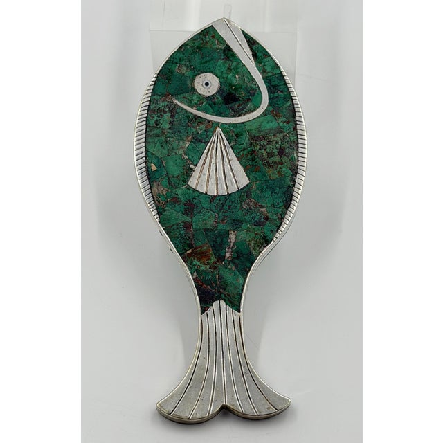 Metal Emilia “Mimi” Castillo Taxco Malachite Silver Plate Fish Hand Mirror, 1970s For Sale - Image 7 of 18