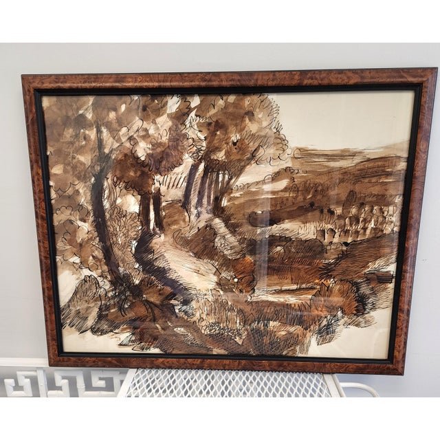 William Lyberis Signed Mid-Century Sepia Watercolor Landscape Painting For Sale - Image 4 of 17