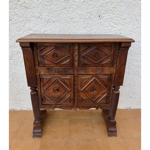 Early 20th Century Rare Spanish Carved Walnut Sideboard With Geometric Panels and Spiral Columns For Sale - Image 6 of 15