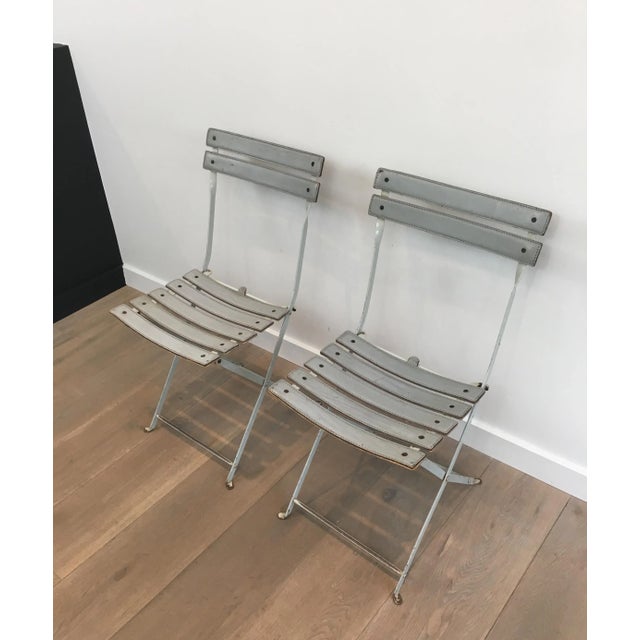 Zanotta Zanotta, Grey Leather and White Lacquered Metal Folding Chairs, Italian - A Pair For Sale - Image 4 of 13