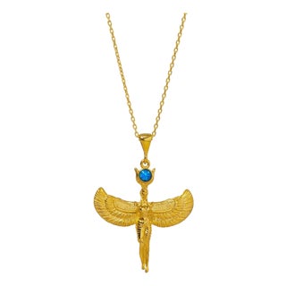 Goddess Isis Pendant Blue Opal Stone & Gold Chain Necklace For Sale