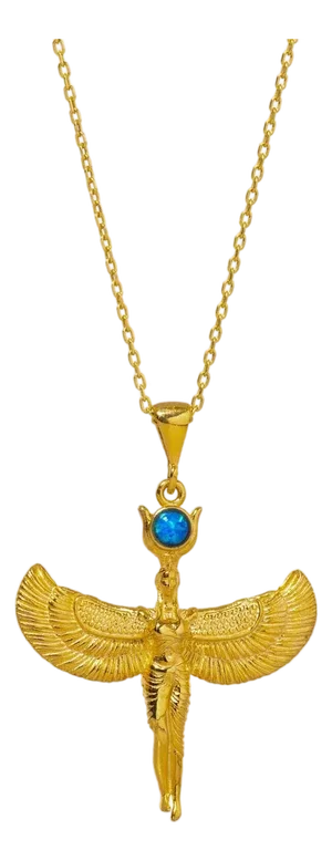 Goddess Isis Pendant Blue Opal Stone & Gold Chain Necklace