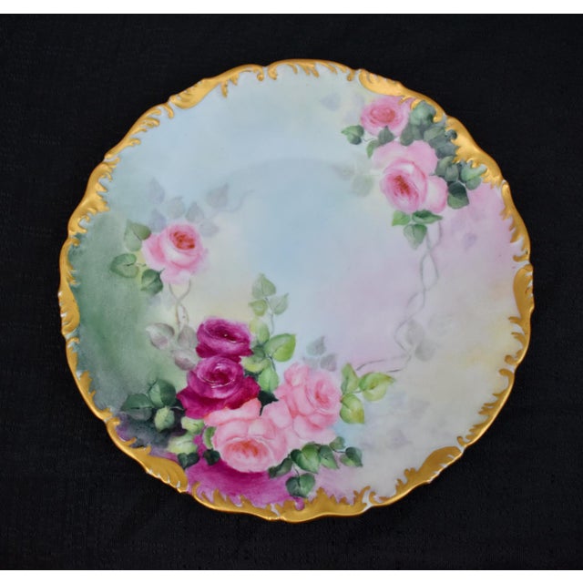 French Antique T and v Limoges French Porcelain Cabinet Plate Hand Painted Roses Gold Rim For Sale - Image 3 of 15