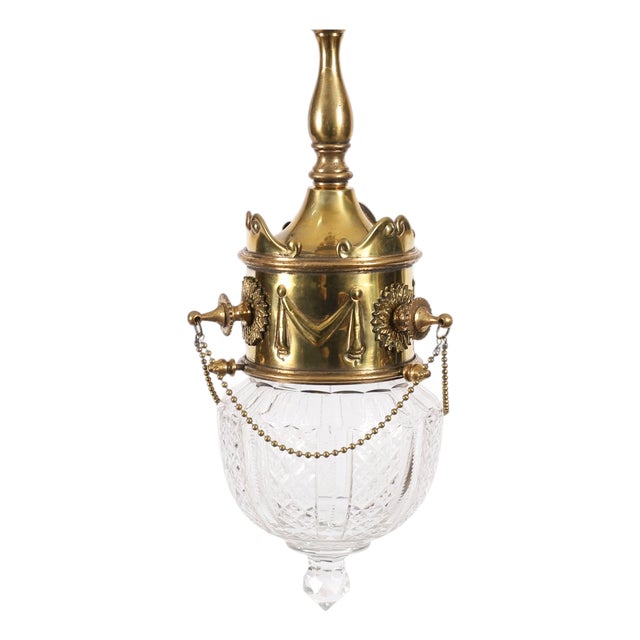 Antique Edwardian Brass and Cut Crystal Ceiling Light, 1900, Set of 2 For Sale