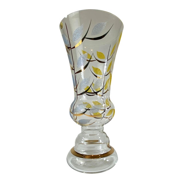 Vintage Bohemia Crystal Vase With Frosted Gold and Silver Leaf Pattern For Sale