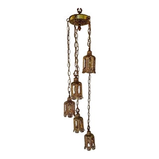 Mid Century Hollywood Regency Brass 5 Lantern Hanging Lamp For Sale