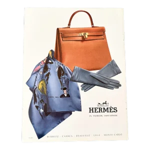 1957 Vintage French Authentic Hermes Advertisement Print, Bag Kelly, Scarf and Gloves, Not Framed, Not Laminated