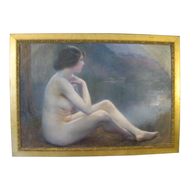 Early 20th Century Antique Nude Sitting by Lake Large Oil Painting, Framed For Sale