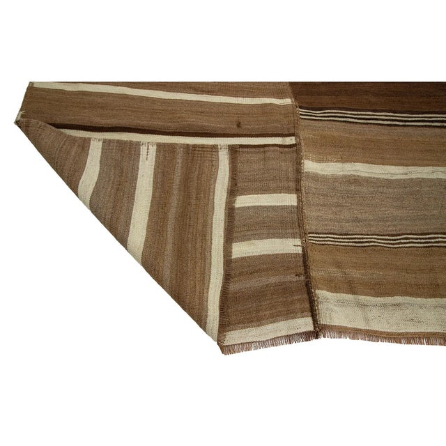 Mid 20th Century 1960s Vintage Striped Natural Brown Kilim Rug- 6′2″ × 10′9″ For Sale - Image 5 of 7