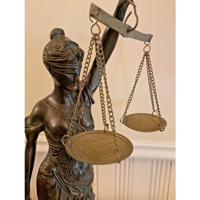 Neoclassical Late 20th Century Bronze Lady Justice Statue With Blindfold and Scales, Heavy, 15.25" Tall, Law Office Decor For Sale - Image 3 of 9
