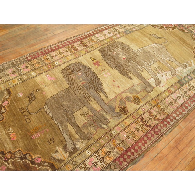 Folk Art Vintage Zabihi Collection Double Lion Turkish Gallery Size Runner - 5'7" x 11'10" For Sale - Image 3 of 12