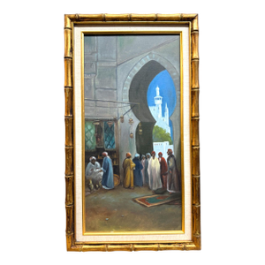 A Middle Eastern Oil on Canvas Painting of a Daily Bazaar