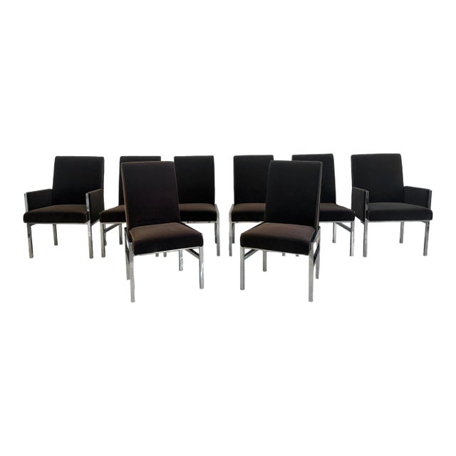 Leon Rosen Chrome Dining Chairs, Set of 8, Rohleder Chocolate Velvet, 1970's For Sale
