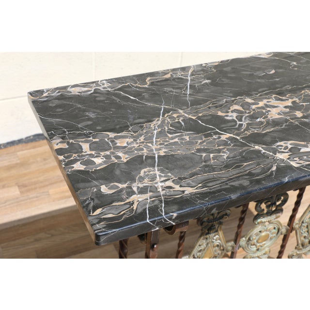 Metal Antique Spanish Revival Entry Hall Table | Wrought Iron, Brass & Black Marble Console | Circa 1910 For Sale - Image 7 of 18