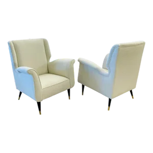 Mid-Century Modern Gio Ponti Style Armchairs, Wingback Chairs, Pair in Kravet Bouclé