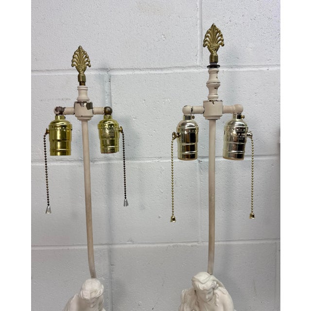 Wood Vintage French NeoClassical Parian Porcelain Figural Electric Table Lamps - Pair For Sale - Image 7 of 13