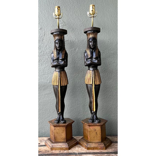 Vintage Monumental Ebonized Pharaoh Table Lamps - A Pair For Sale - Image 12 of 12