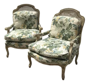 Vintage Cane Back Florals Chairs, a Pair