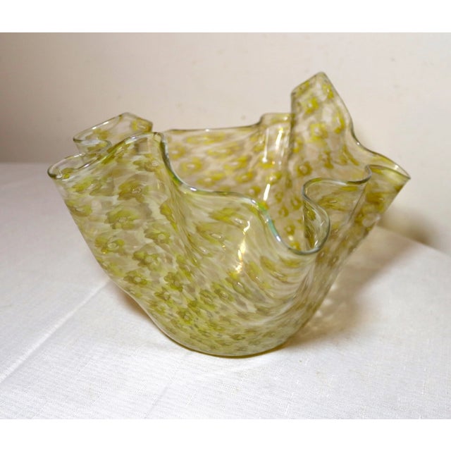 Glass Vintage Hand Blown Murano Glass Handkerchief Controlled Bubble Green Vase Bowl For Sale - Image 7 of 11