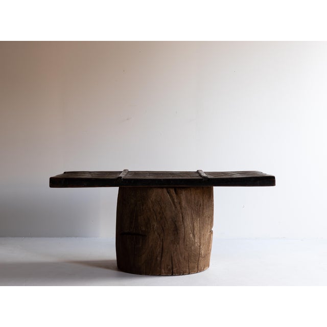 This sculptural low table is composed of two antique Japanese utilitarian objects, created during the late Meiji to early...