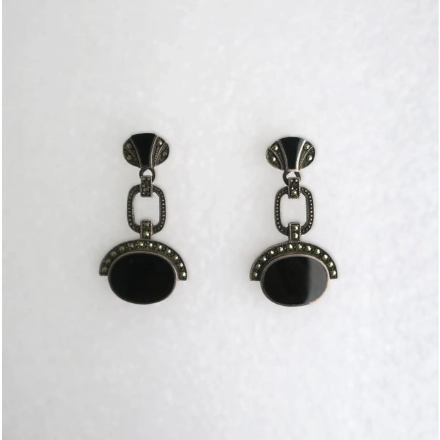 Black Onyx Sterling Silver Art Deco Dangle Earrings, Pair, Pierced, Circa Late-20th Century For Sale - Image 9 of 12