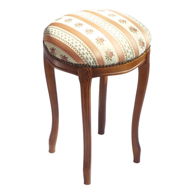 Louis XV French Wooden Foot Stool with Romantic Floral Upholstery with Carved Legs, 1960s For Sale