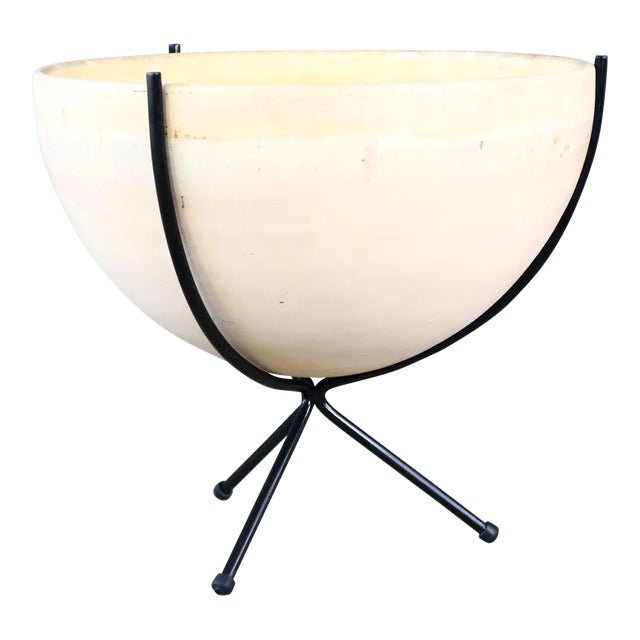 Mid Century Architectural Pottery E-25 Bisque Planter With Iron Base Designed by Rex Goode John Follis Vase Retro For Sale