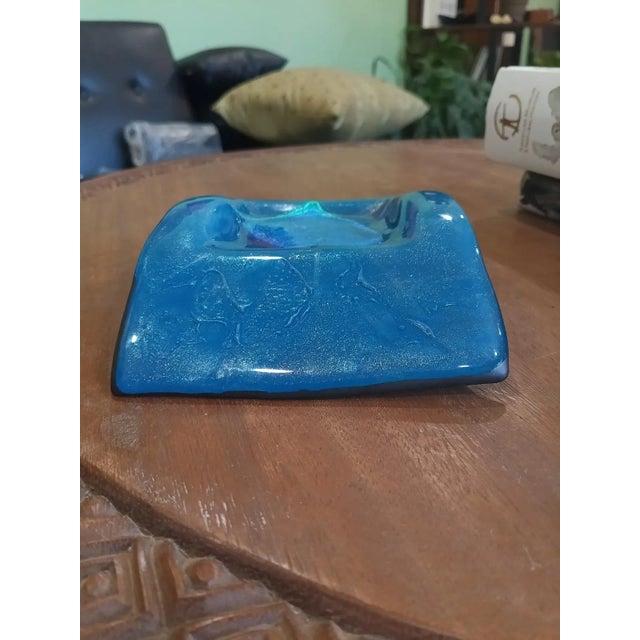 Mid-Century Aqua Fused Glass Ashtray or Catchall With Foil Center For Sale - Image 4 of 9