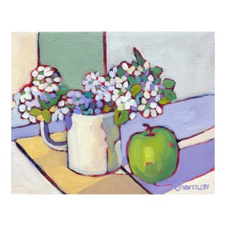 Blossoms & Green Apple, Contemporary Floral and Fruit Oil Painting For Sale