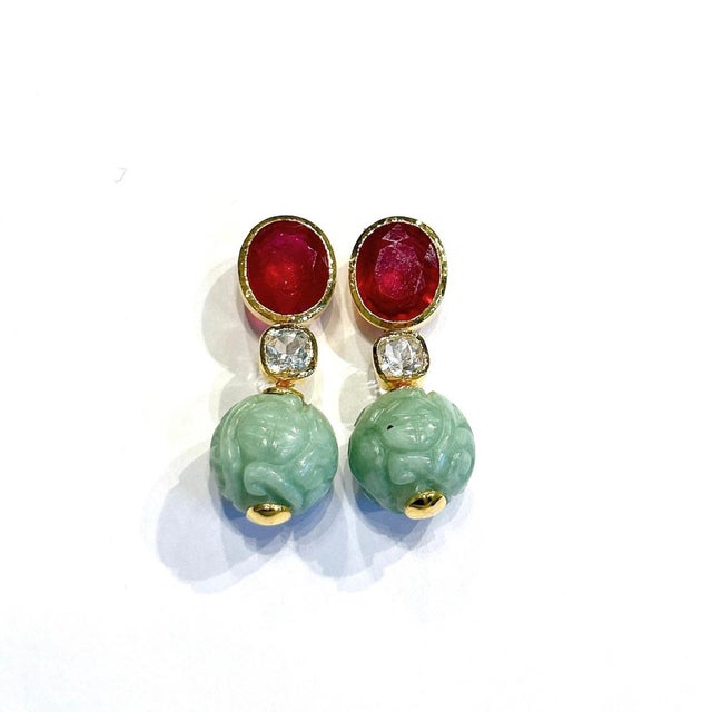 Bochic "Orient" Vintage Ruby, Topaz & Vintage Jade Earrings set 18K Gold & Silver Natural Rubies - 4 carats White Topaz -...