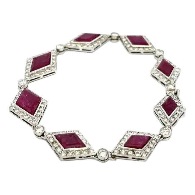 Diamond Gemstone Bracelet 14k White Gold Rhombus Link Vintage For Sale